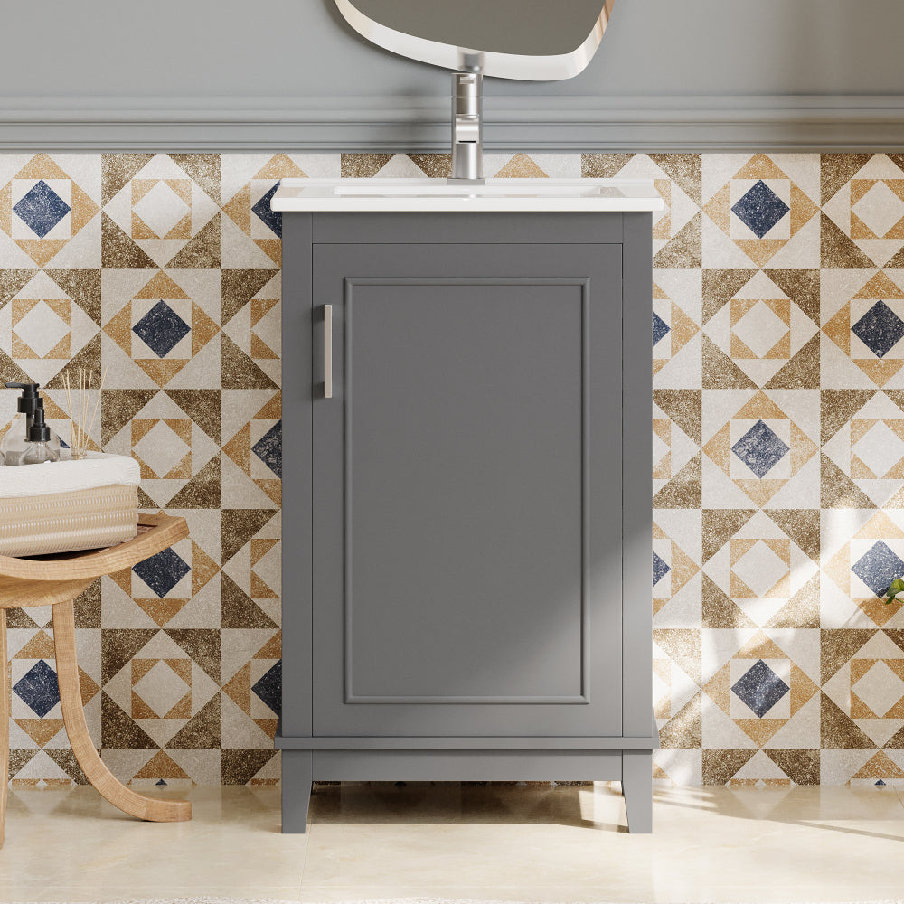 [Viedo] 20 Inch Modern Small Bathroom Vanity Cabinet With Ceramic Basin- 20*14.5*33.3 Inches,Ample Storage,1 Soft Close Door