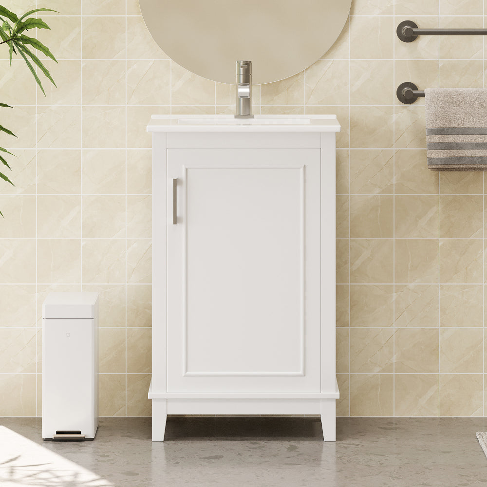 [Viedo] 20 Inch Modern Small Bathroom Vanity Cabinet With Ceramic Basin- 20*14.5*33.3 Inches,Ample Storage,1 Soft Close Door
