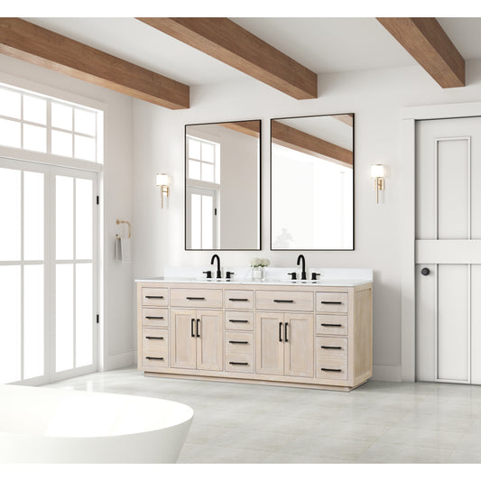 84" Bathroom Vanity with Double Sink, Modern Bathroom Vanity Set with Soft-Close Cabinet and 9 Drawers, Solid Wood Bathroom Storage Cabinet with Countertop and Backsplash, Milk Oak
