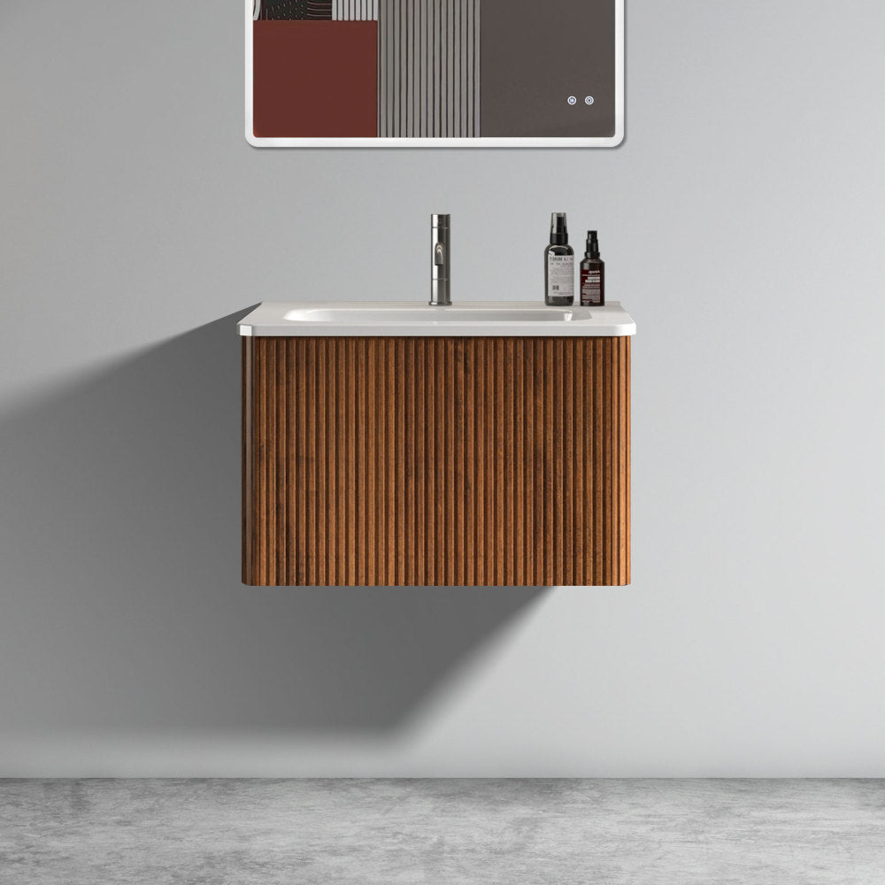 U047-Etna30W-305 Etna 30" Striped Walnut Bathroom Vanity with White Ceramic Sink, Wall Mounted Floating Bathroom Vanity for Modern Bathroom, Pre-assembled