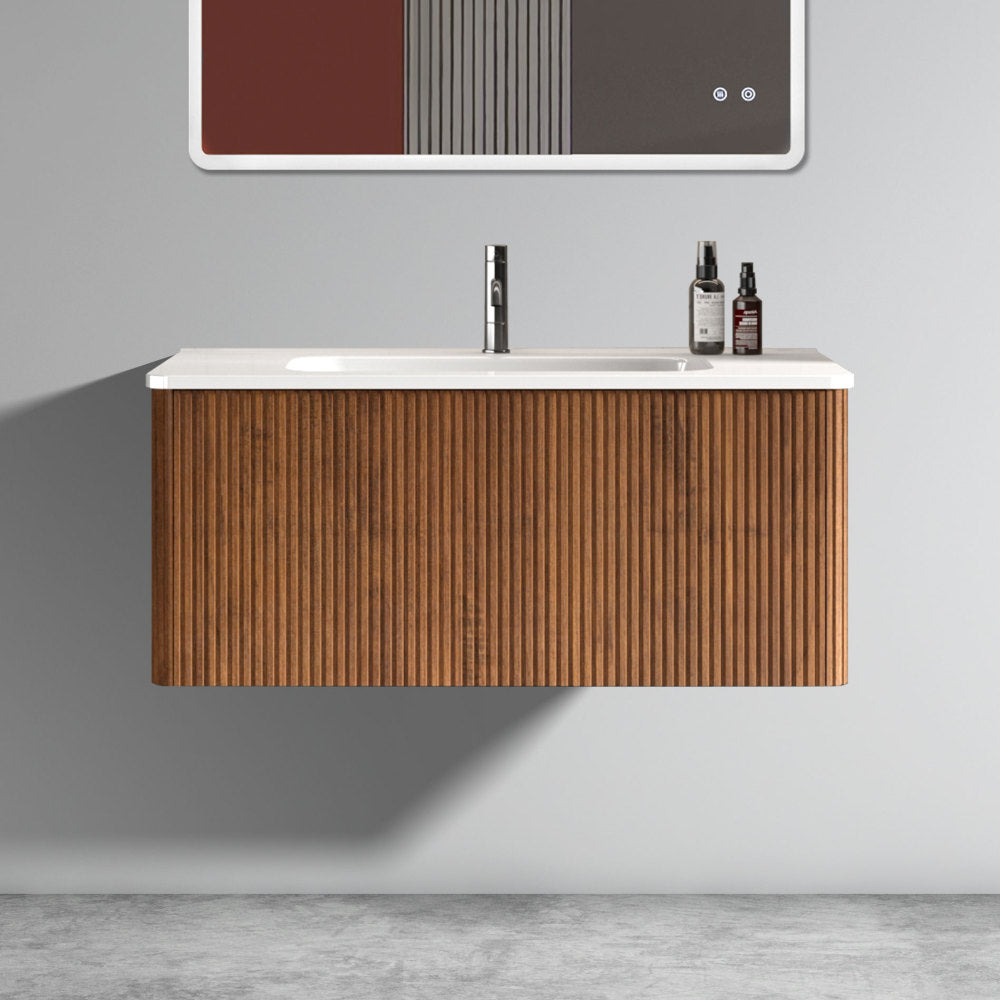 U047-Etna30W-305 Etna 30" Striped Walnut Bathroom Vanity with White Ceramic Sink, Wall Mounted Floating Bathroom Vanity for Modern Bathroom, Pre-assembled