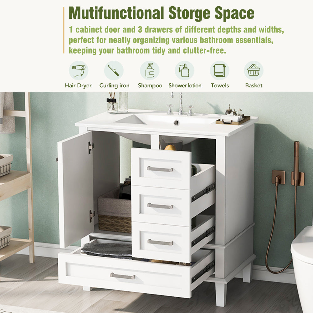 30" Bathroom Vanity , Modern Bathroom Cabinet with Sink Combo Set, Bathroom Storage Cabinet with a Soft Closing Door and 3 Drawers, Solid Wood Frame(White)