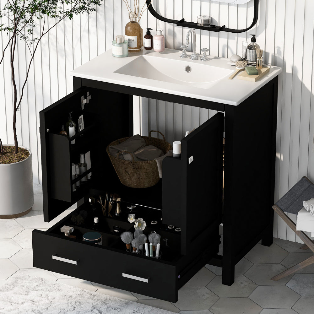 30" White Bathroom Vanity with Single Sink, Combo Cabinet Undermount Sink, Bathroom Storage Cabinet with 2 Doors and a Drawer, Soft Closing, Multifunctional Storage, Solid Wood Frame