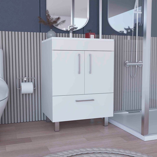 Velloc Single Bathroom Vanity, Double Door Cabinet, One Drawer -White