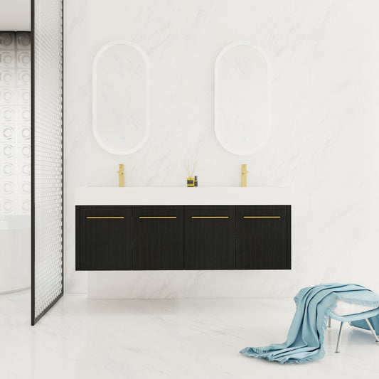 60 Inch Wall-Mounted Bathroom Vanity with Sink, Thick Edged Double Resin Sink, KD-Package