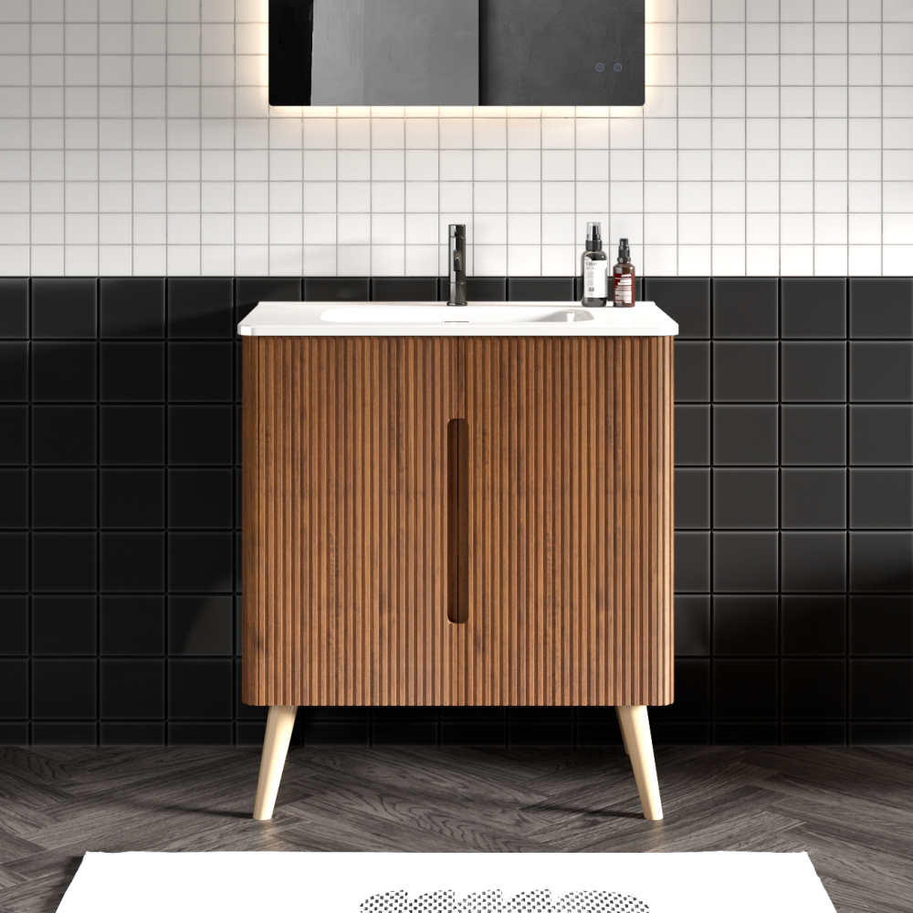 U047-Etna30W-305 Etna 30" Striped Walnut Bathroom Vanity with White Ceramic Sink, Wall Mounted Floating Bathroom Vanity for Modern Bathroom, Pre-assembled