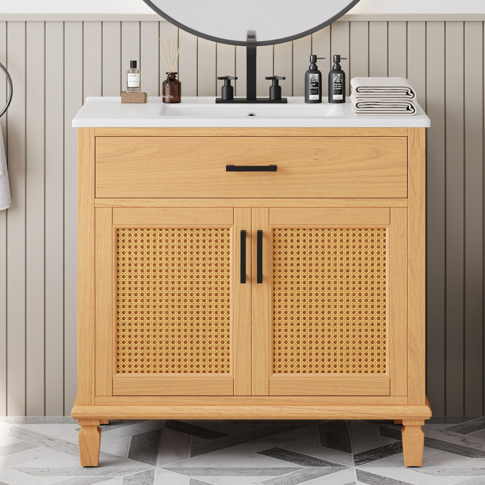 30" Antique Bathroom Vanity with Ceramic Sink, Mid-Century Modern Bathroom Vanity Cabinet with 2 Soft-Close Doors and Large Storage Space, Retro Freestanding Single Bathroom Vanity Set, Natural Brown
