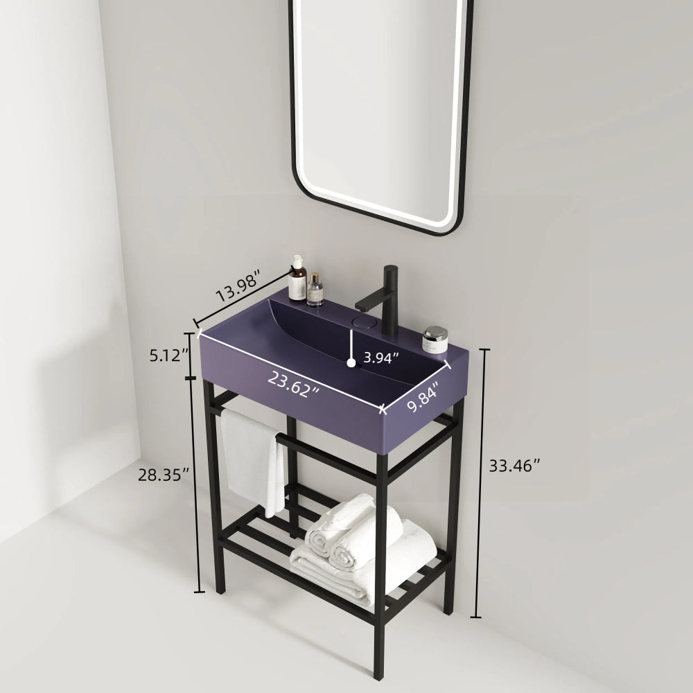 LOFI 24" Bathroom Vanity with Ceramic Basin, Freestanding Bathroom Console Sink Set, Glossy Purple Rectangular Ceramic Basin without Faucet, Open Metal Leg, Storage Shelves, Black Color