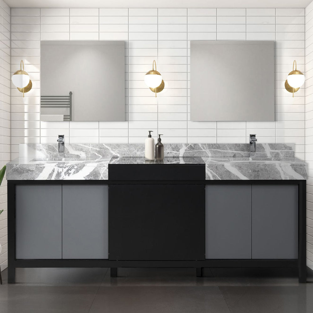 Black and Grey Double Bath Vanity 80 in. W x 22 in. D, Castle Grey Marble Top and Chrome Faucet Set