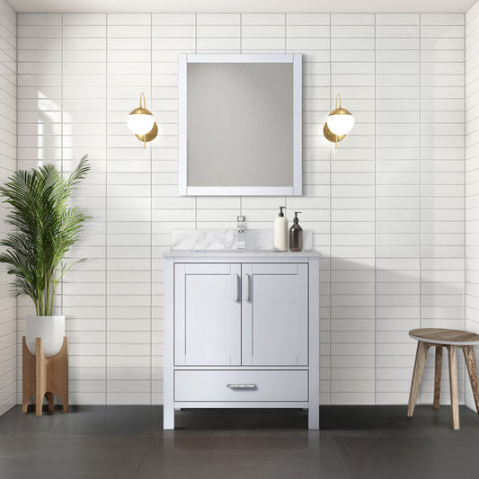 White Bath Vanity 30 in. W x 22 in. D, Carrara Marble Top, and Faucet Set