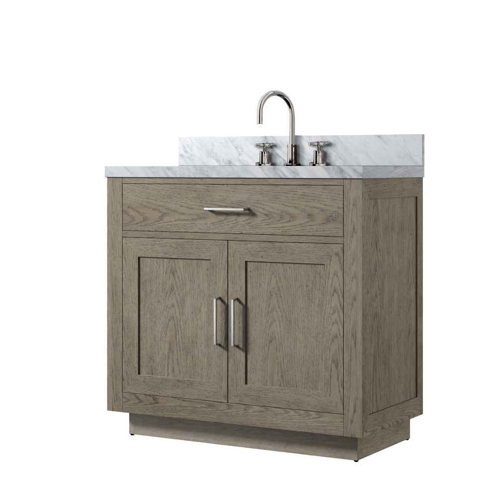 Grey Oak Single Bath Vanity 36 in. W x 22 in. D, Carrara Marble Top, and Faucet Set