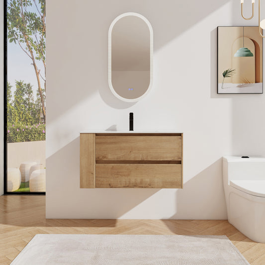 36" Wall Mounting Bathroom Vanity With Ceramic Sink, Soft Close Drawer