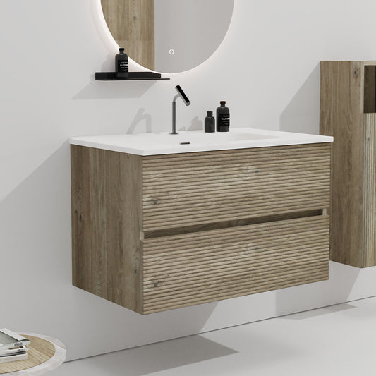 Gloria 30" Wall Mounted Rough Oak&Rough Oak Bathroom Vanity with Integrated Ceramic Sink with Overflow, Large Storage Floating Bathroom Vanity for Modern Bathroom, Pre-assembled