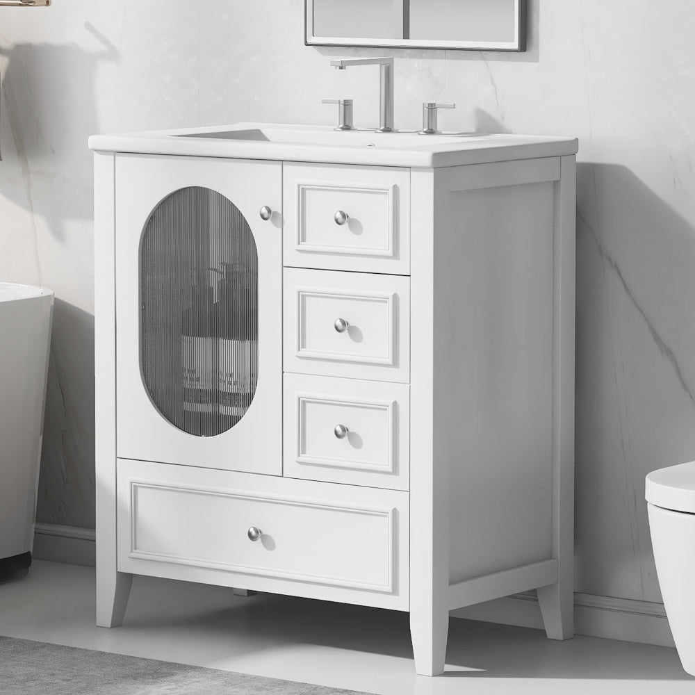 30" Bathroom Vanity with Sink, Bathroom Vanity Cabinet with Three Drawers and Door, Solid Wood and MDF, White