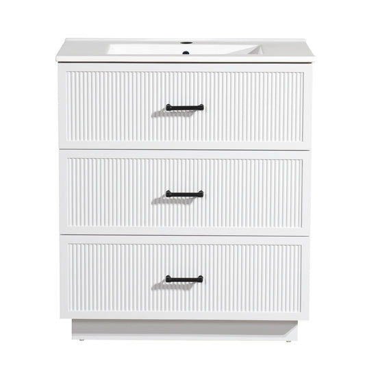 30 Inch Bathroom Vanity with Ceramic Sink  Combo Set, Modern Freestanding Bathroom Storage Cabinet with 2 Drawers, Floor Standing Bath Vanity, White