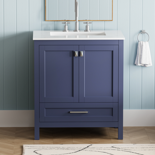 30" Freestanding Bathroom Vanity with Sink, Carrara Engineered Marble Vanity Top with Under-mounted Rectangular Ceramic Sink, Large Storage Soft-Close Door, Solid Wood Frame, Navy Blue 24V03-30NB