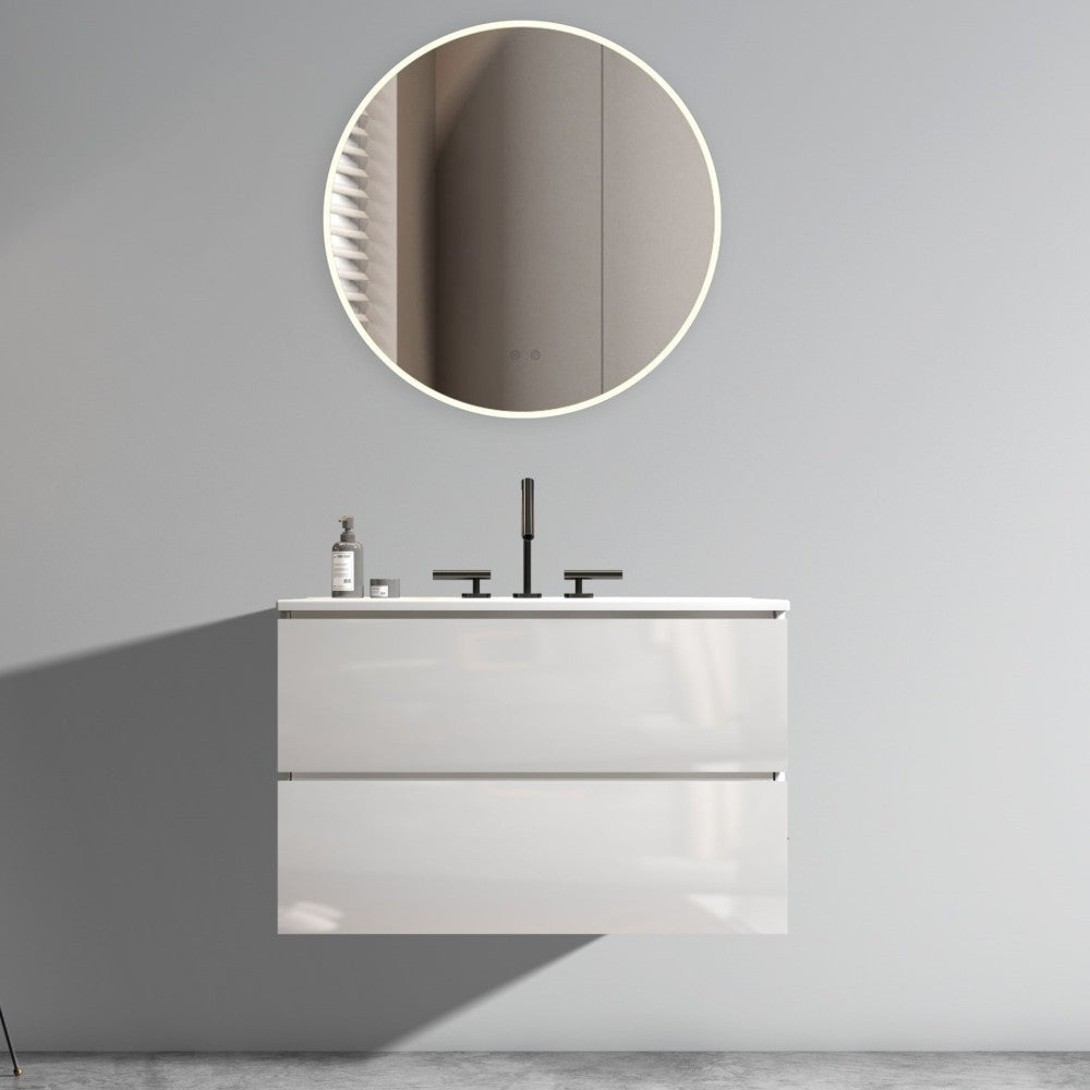 Wall Mount 30" Natural Oak Bathroom Vanity with Ceramic Sink with three faucet holes, Large Storage Floating Bathroom Vanity for Modern Bathroom, Pre-assembled