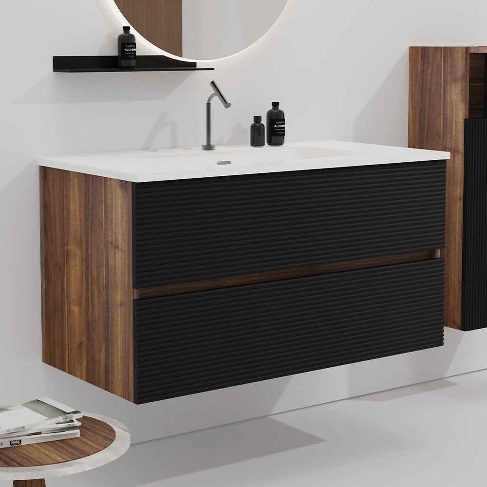 Gloria 30" Wall Mounted Rough Oak&Rough Oak Bathroom Vanity with Integrated Ceramic Sink with Overflow, Large Storage Floating Bathroom Vanity for Modern Bathroom, Pre-assembled