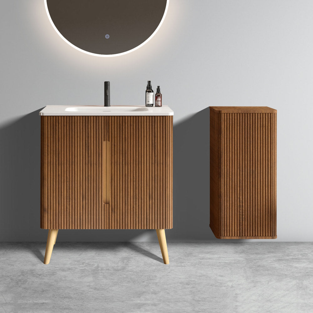 U047-Etna30W-305 Etna 30" Striped Walnut Bathroom Vanity with White Ceramic Sink, Wall Mounted Floating Bathroom Vanity for Modern Bathroom, Pre-assembled