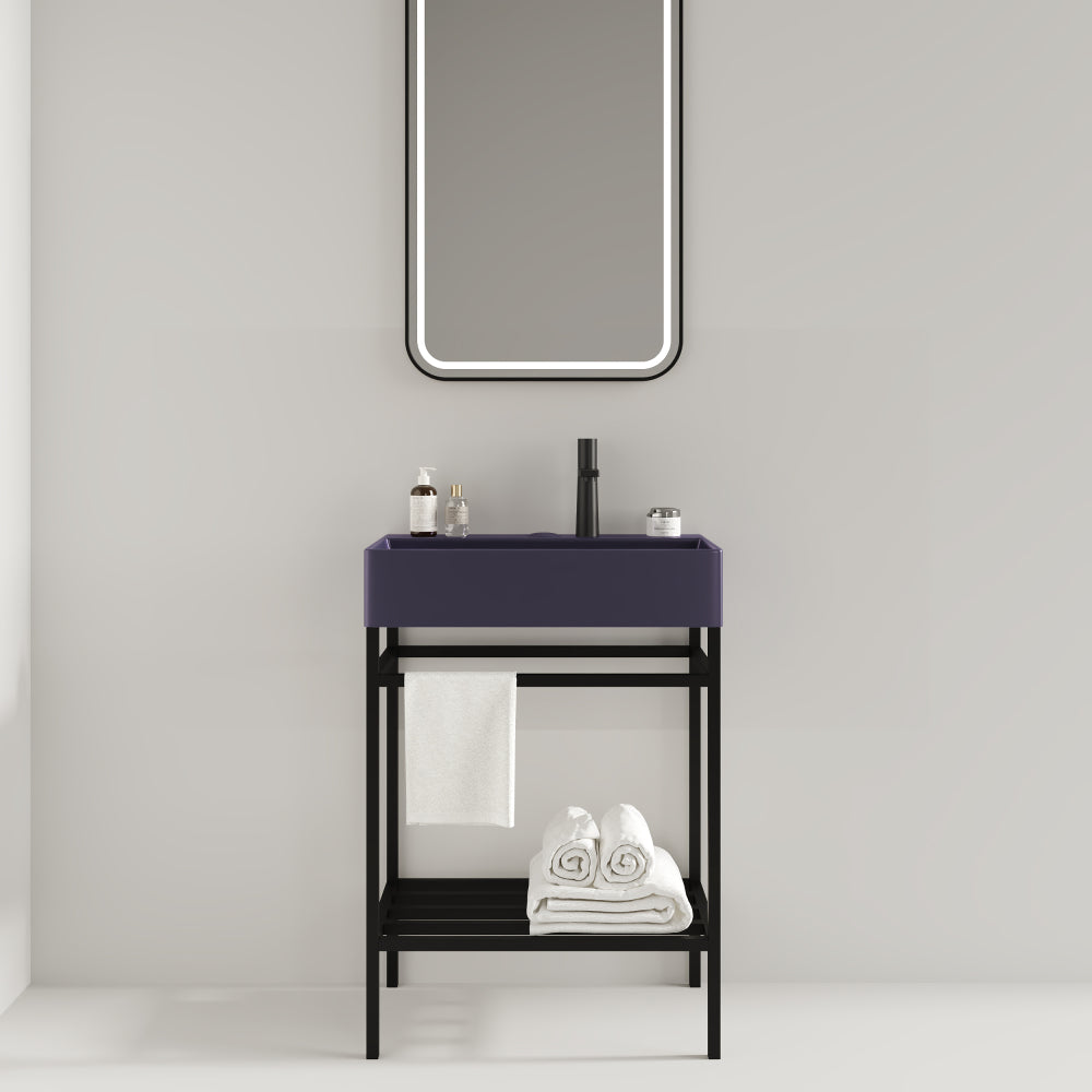 LOFI 24" Bathroom Vanity with Ceramic Basin, Freestanding Bathroom Console Sink Set, Glossy Purple Rectangular Ceramic Basin without Faucet, Open Metal Leg, Storage Shelves, Black Color