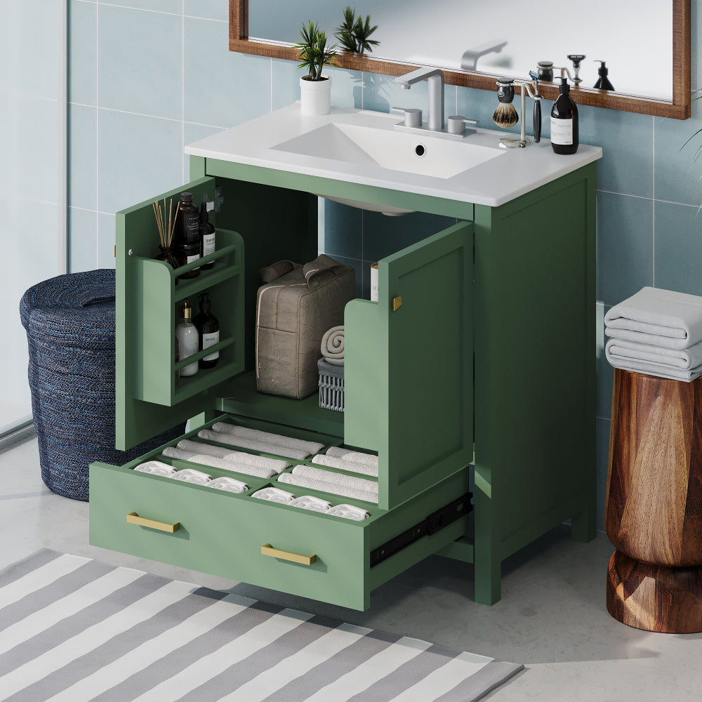 30" White Bathroom Vanity with Single Sink, Combo Cabinet Undermount Sink, Bathroom Storage Cabinet with 2 Doors and a Drawer, Soft Closing, Multifunctional Storage, Solid Wood Frame