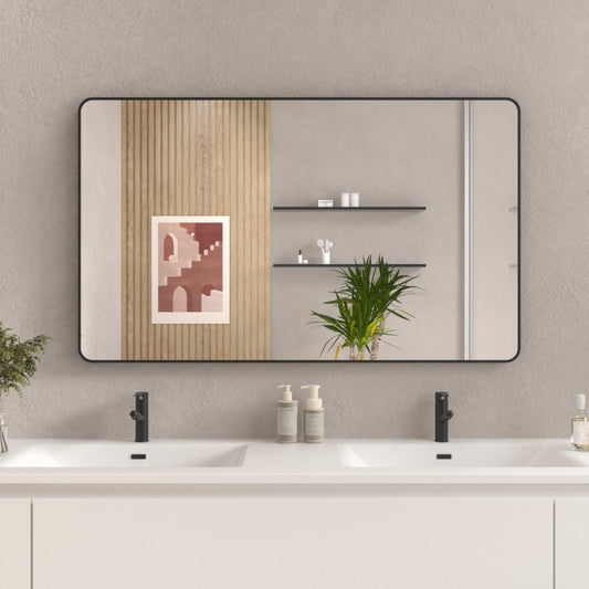 60x36 In. Aluminum Framed Rounded Rectangle Bathroom Wall Mirror, Matte Black Bathroom Vanity Mirror Farmhouse, Anti-Rust, Tempered Glass mirrors, Hangs Horizontally or Vertically