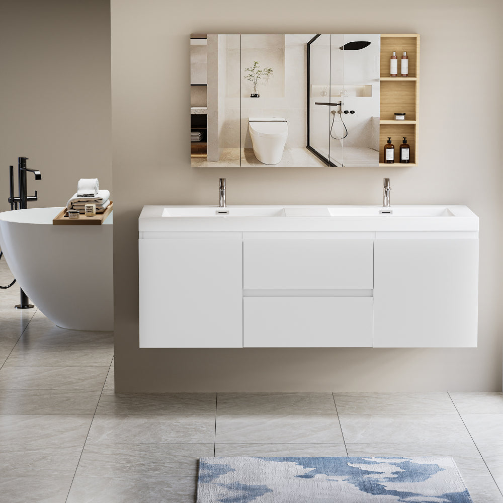 60" Floating Bathroom Vanity with Sink, Modern Wall-Mounted Bathroom Storage Vanity Cabinet with Double Resin Top Basin and Two Soft Close Drawers, Glossy White 24V11-60DGW