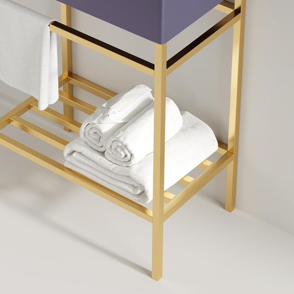 LOFI 24" Bathroom Vanity with Ceramic Basin, Freestanding Bathroom Console Sink Set, Glossy Purple Rectangular Ceramic Basin without Faucet, Open Metal Leg, Storage Shelves, Gold Color