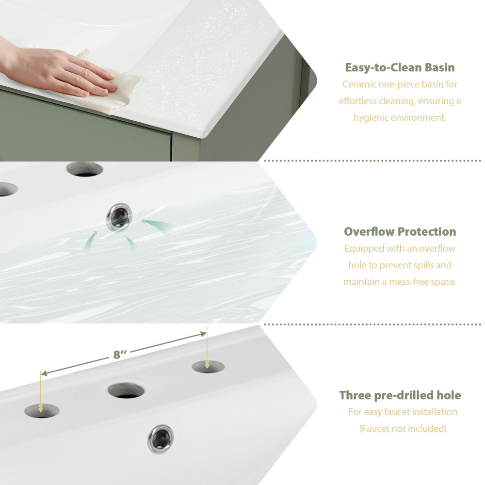 30" Bathroom Vanity with Ceramic Sink Combination, Ample Storage - Features 1 Pullout and Multifunctional Shelf Dividers