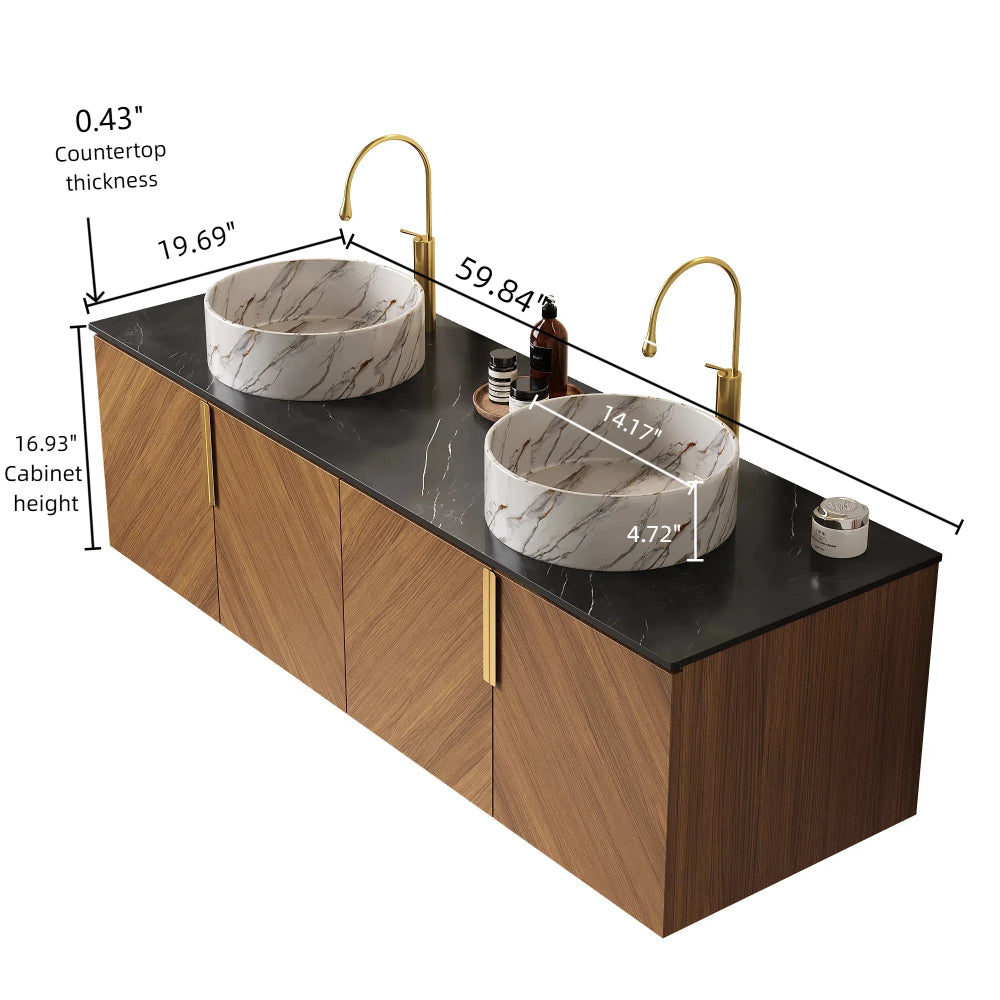 ARAI 60" Bathroom Vanity with Sink, Modern Wall-Mounted Plywood Bathroom Storage Cabinet with 4 Doors, Black Sintered Stone Countertop and 2 White Round Ceramic Basins, Espresso Woodgrain Color