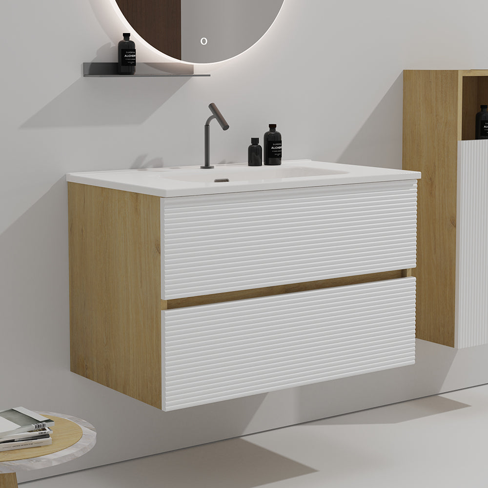 Gloria 30" Wall Mounted Rough Oak&Rough Oak Bathroom Vanity with Integrated Ceramic Sink with Overflow, Large Storage Floating Bathroom Vanity for Modern Bathroom, Pre-assembled