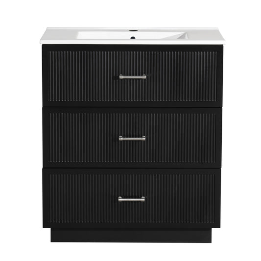 30 Inch Bathroom Vanity with Ceramic Sink  Combo Set, Modern Freestanding Bathroom Storage Cabinet with 2 Drawers, Floor Standing Bath Vanity, Black