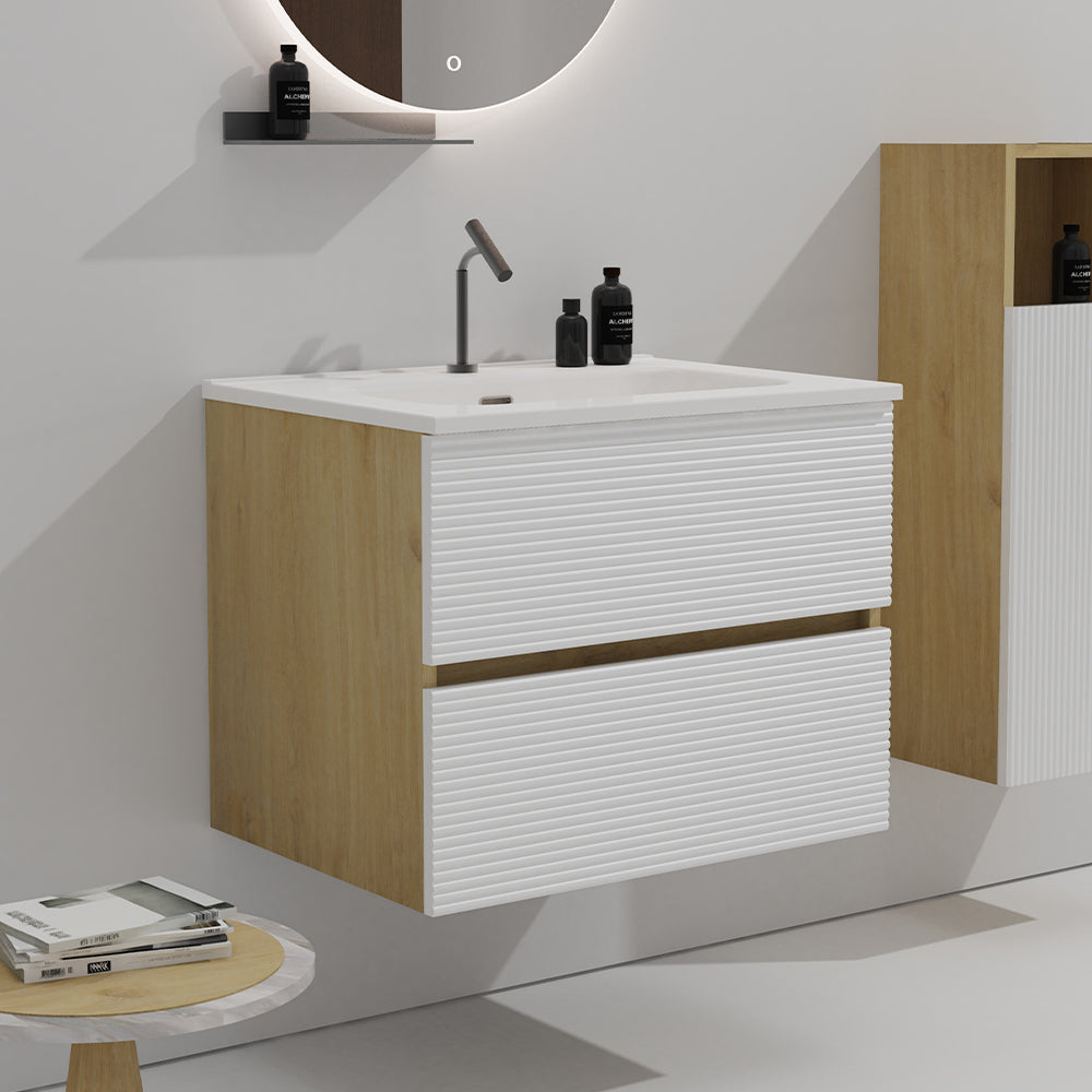 Gloria 30" Wall Mounted Rough Oak&Rough Oak Bathroom Vanity with Integrated Ceramic Sink with Overflow, Large Storage Floating Bathroom Vanity for Modern Bathroom, Pre-assembled