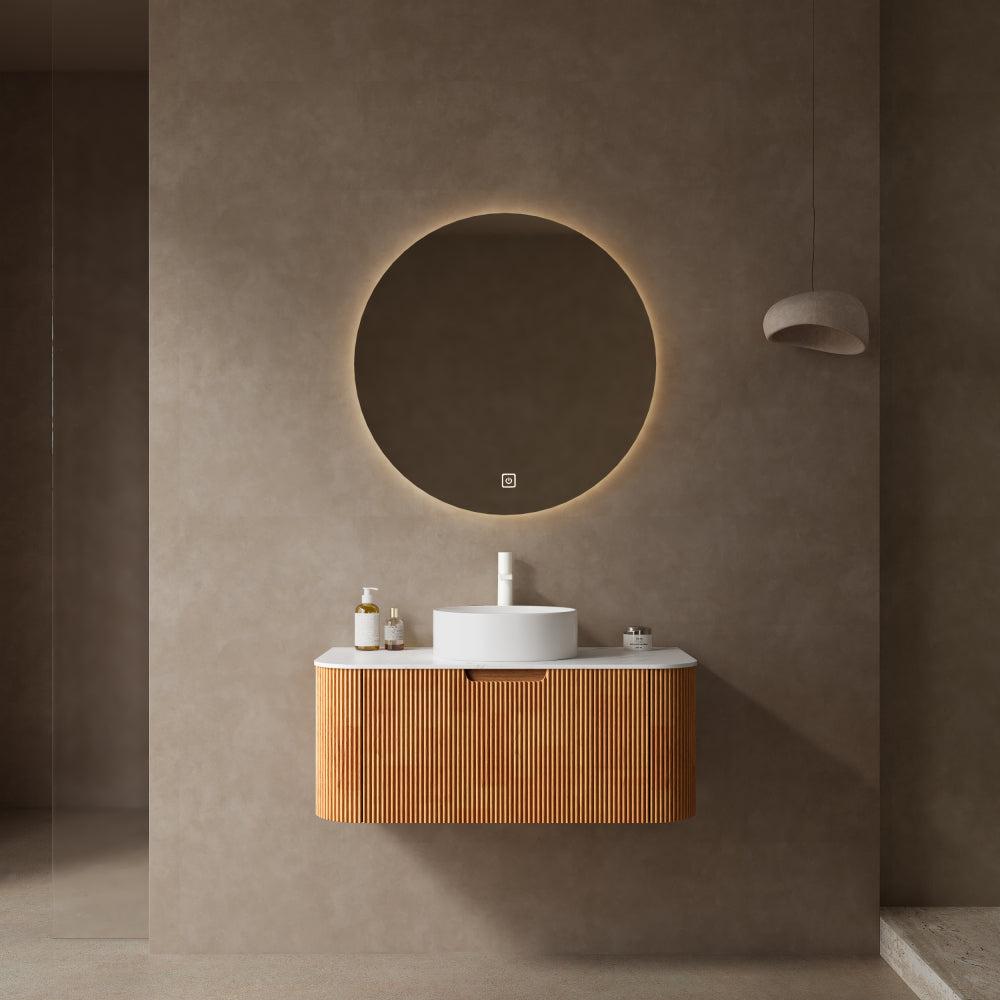 DINA 24" Bathroom Vanity with Sink, Modern Wall-Mounted Floating Curved Edges Striped Bathroom Storage Cabinet with a Drawer, White Artificial Marble Basin without Faucet, Pre-assembled, Natural Wood