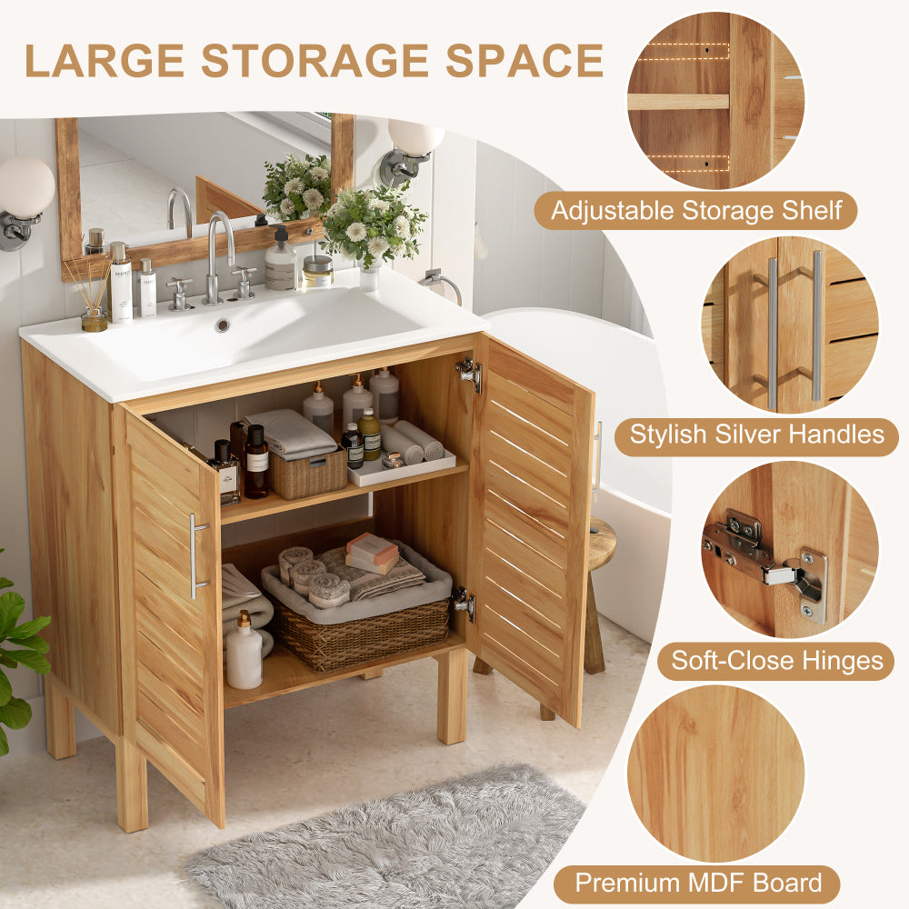 30" Antique Bathroom Vanity with Ceramic Sink, Mid-Century Modern Bathroom Vanity Cabinet with 2 Soft-Close Doors and Large Storage Space, Retro Freestanding Single Bathroom Vanity Set, Natural Brown