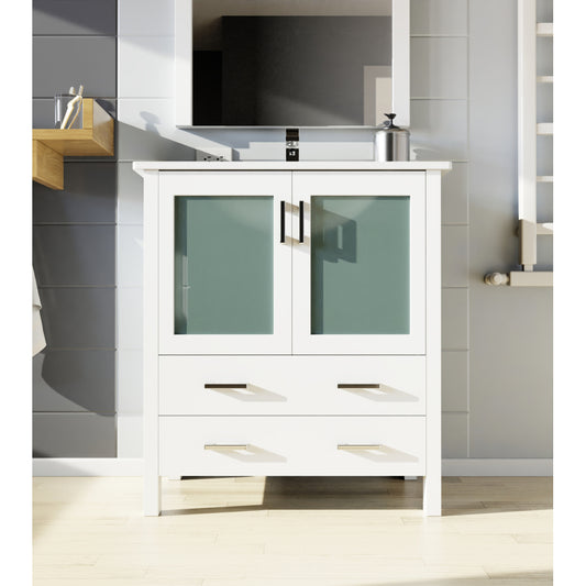 White Bath Vanity 30 in. W x 18.25 in. D, White Ceramic Top, and Faucet Set