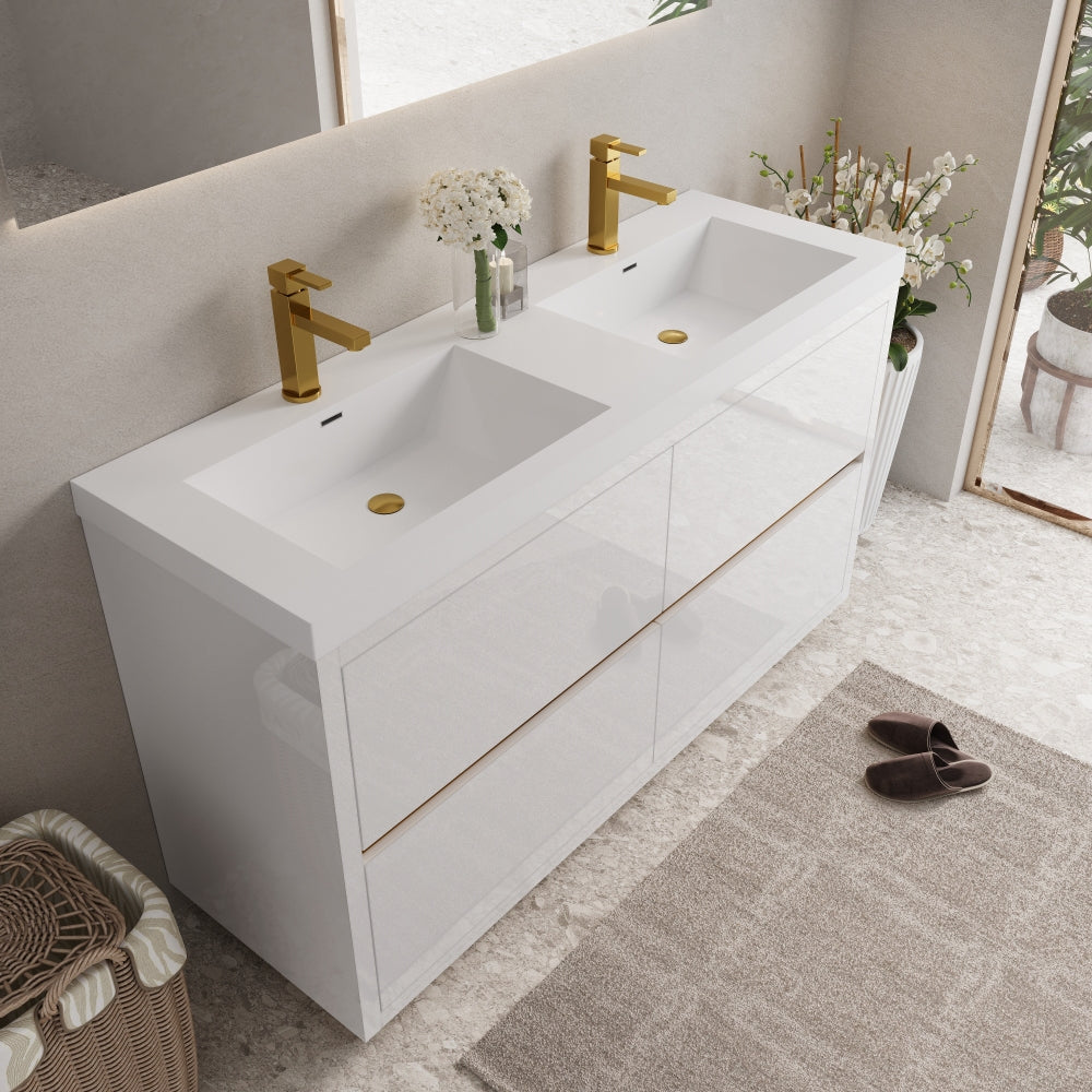 60" Freestanding Bathroom Vanity with Sink, Bathroom Storage Vanity Cabinet with Stone Resin Countertop and Soft Close Drawers, Glossy White 24V14-60DGW