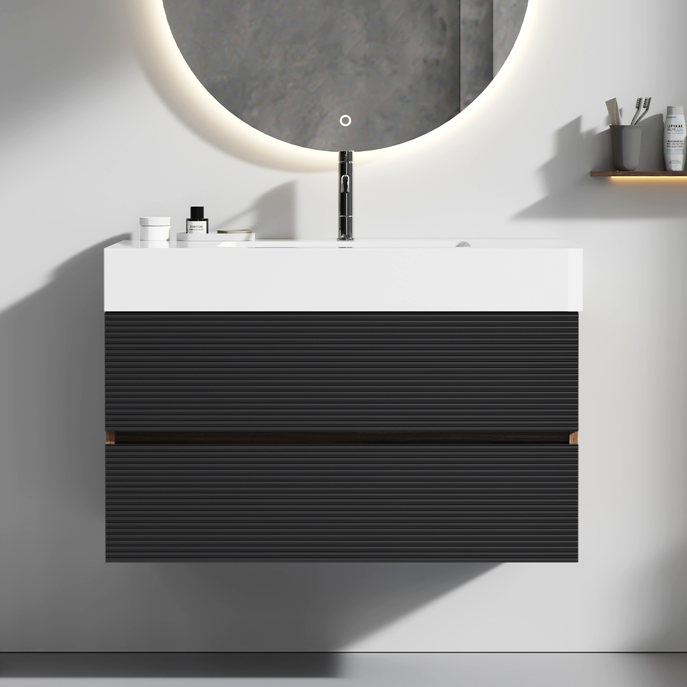 Grace 60" Walnut Bathroom Vanity with Glossy White Solid Surface Sink and Soft Black Drawers, Wall Mounted Floating Bathroom Vanity for Modern Bathroom, One-Piece Glossy White Basin, Pre-assembled