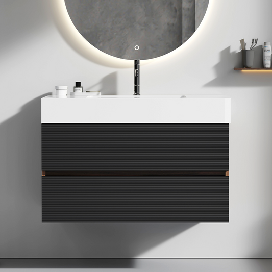 Grace 36" Walnut Bathroom Vanity with Glossy White Solid Surface Sink and Soft Black Drawers, Wall Mounted Floating Bathroom Vanity for Modern Bathroom, One-Piece Glossy White Basin, KD