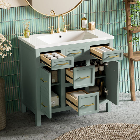 36" Bathroom Vanity Cabinet with Resin Integrated Sink - 4 Drawers, 2 Doors