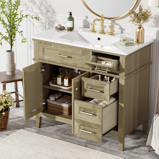 36" Bathroom Vanity with Ceramic Sink, Rubberwood Frame, 2 Soft Close Doors, 1 Flip-Down Drawer, 1 Shallow Drawer, 1 Deep Drawer, Adjustable Shelf, Space-Saving Design for Small Bathrooms