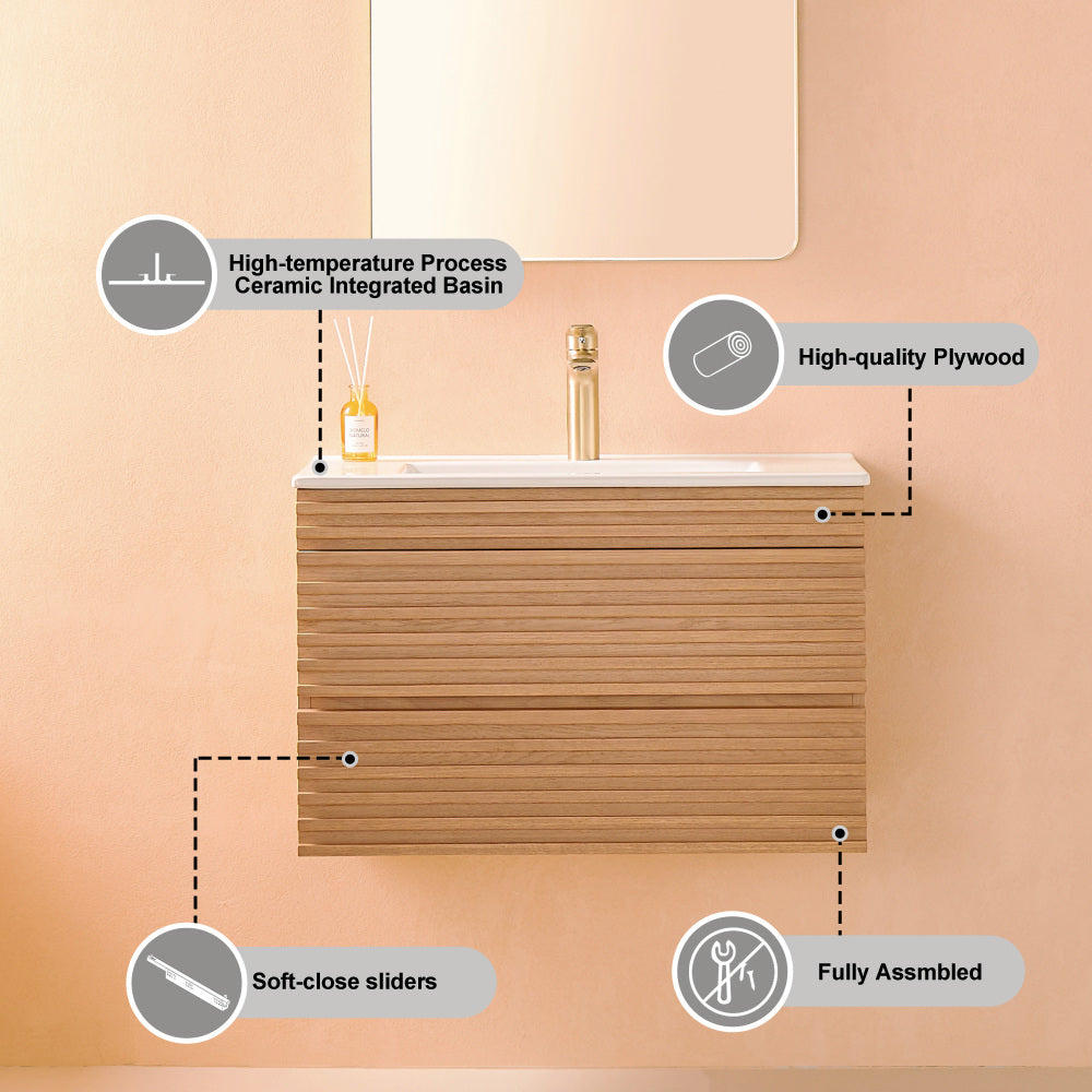 30" Wall Mounted & Floating Single Vanity with Ceramic Sink
