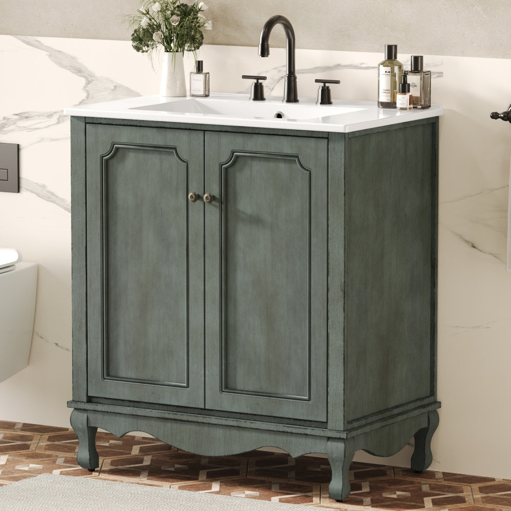 30" Vintage Bathroom Vanity with Rectangle Ceramic Sink,  Bathroom Vanity Cabinet with Antique Handles and 2 Doors, Bathroom Storage Cabinet with Rubber Wood Legs and Adjustable shelves, Antique Blue