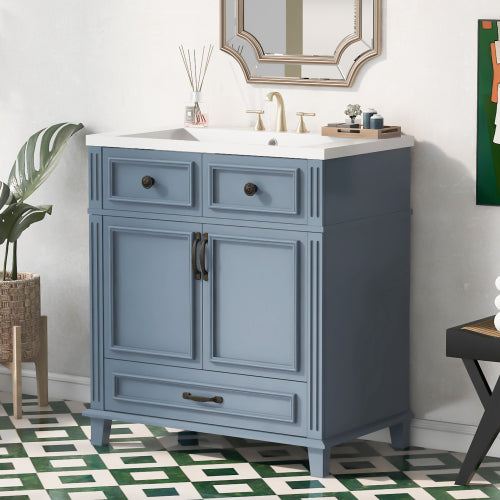 30'' Bathroom Vanity with Resin Sink,Solid Wood Frame Bathroom Storage Cabinet with Soft Closing Doors,Retro Style, Blue