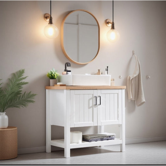 32" Bathroom Vanity with Sink,Single Bathroom Vanities Cabinet with Doors and Open Shelf,Solid Wood Small Vanity with Sink Set,for Bathroom,White+Natural