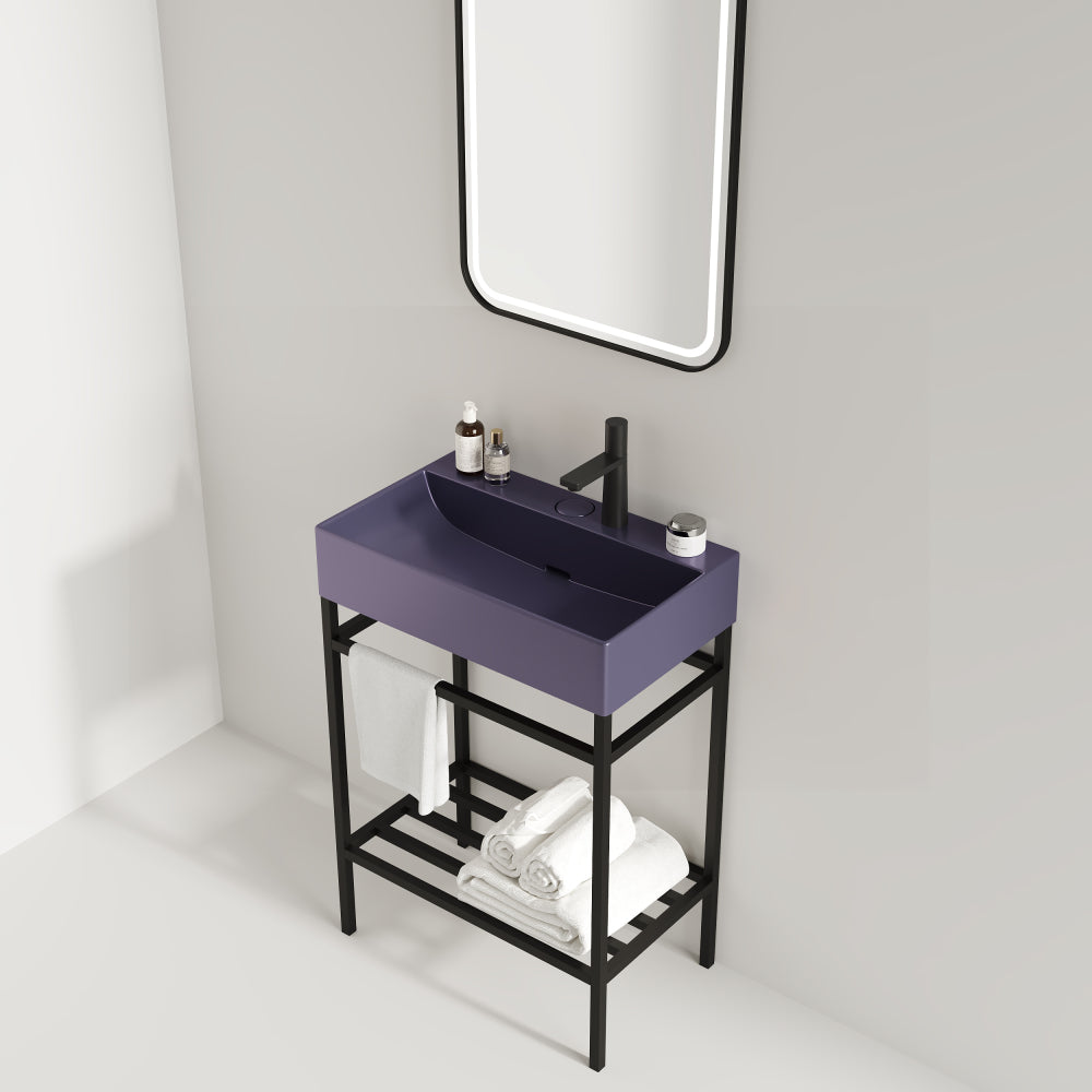 LOFI 24" Bathroom Vanity with Ceramic Basin, Freestanding Bathroom Console Sink Set, Glossy Purple Rectangular Ceramic Basin without Faucet, Open Metal Leg, Storage Shelves, Black Color
