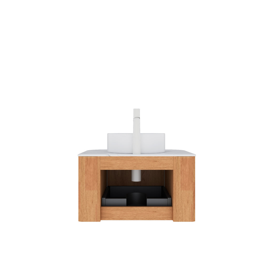 DINA 24" Bathroom Vanity with Sink, Modern Wall-Mounted Floating Curved Edges Striped Bathroom Storage Cabinet with a Drawer, White Artificial Marble Basin without Faucet, Pre-assembled, Natural Wood