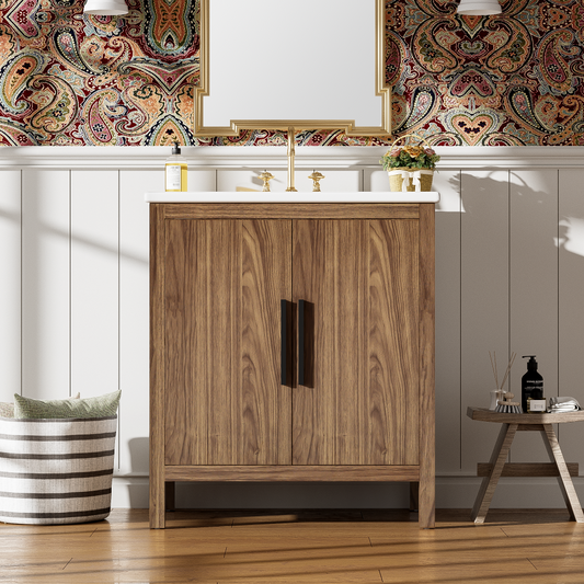 30" Wood Color Bathroom Vanity with Single Sink, Combination Under Counter Sink, Bathroom Storage Cabinet with Soft Closing Door, Multi-Function Storage, Solid Wood Frame