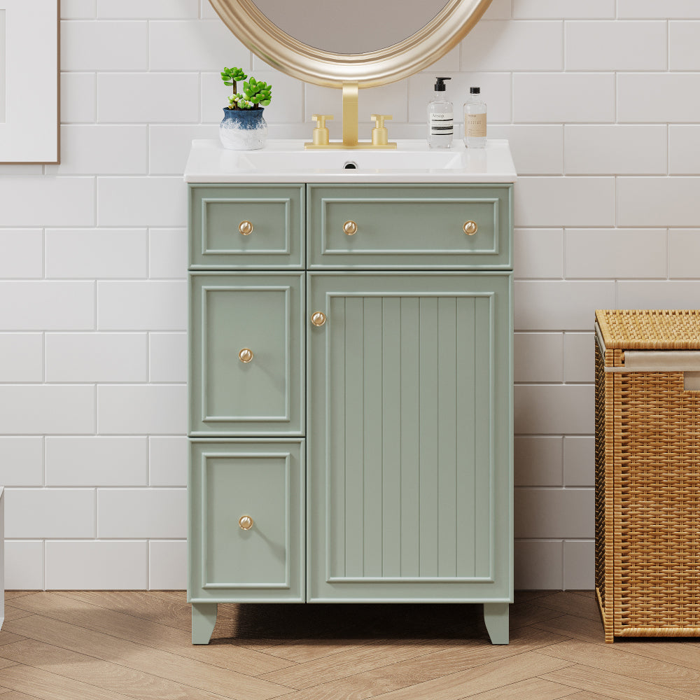 24-Inch Bathroom Vanity Cabinet with Ceramic Sink, 2 Drawers, 1 Door