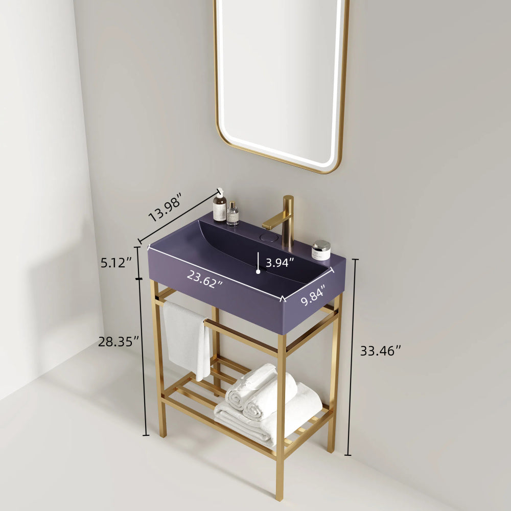 LOFI 24" Bathroom Vanity with Ceramic Basin, Freestanding Bathroom Console Sink Set, Glossy Purple Rectangular Ceramic Basin without Faucet, Open Metal Leg, Storage Shelves, Gold Color